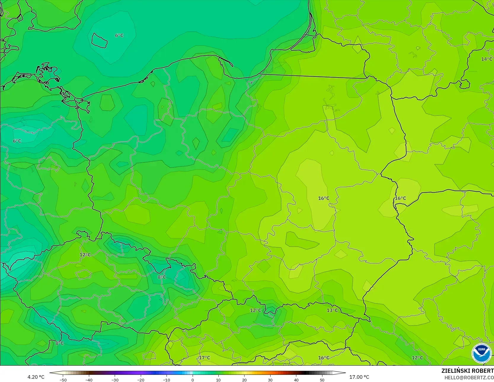 GFS model - Poland, Temperature at 2m