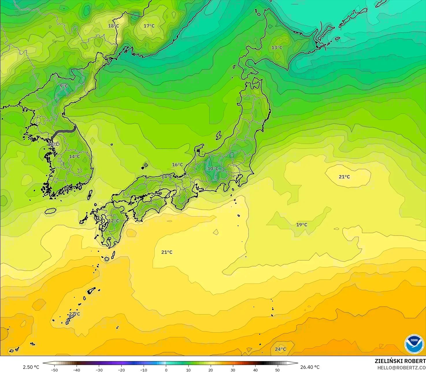 GFS model - Japan, Temperature at 2m
