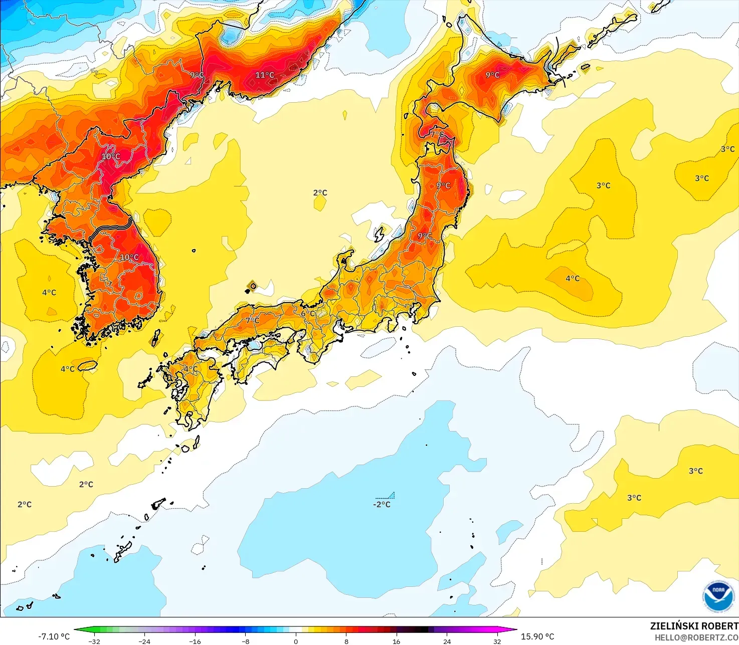 GFS model - Japan, Temperature at 2m Anomaly