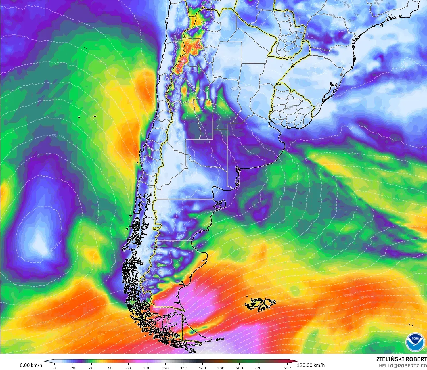GFS model - Argentina, Wind Gusts Peak