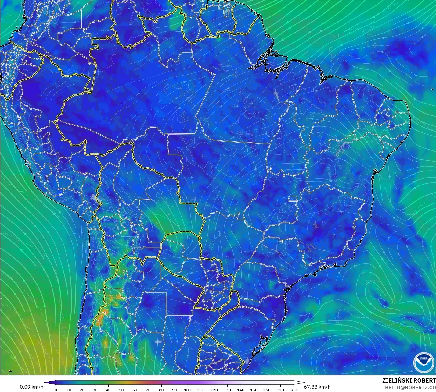 GFS model - Brazil, Wind at 10m