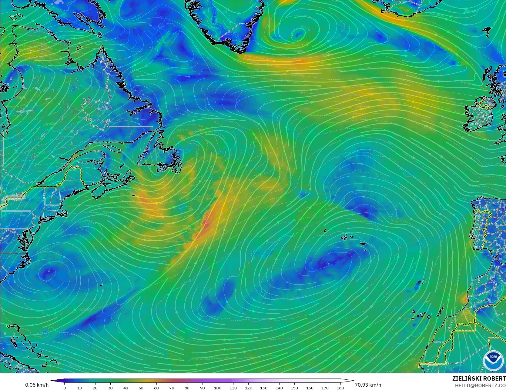 GFS model - North Atlantic, Wind at 10m