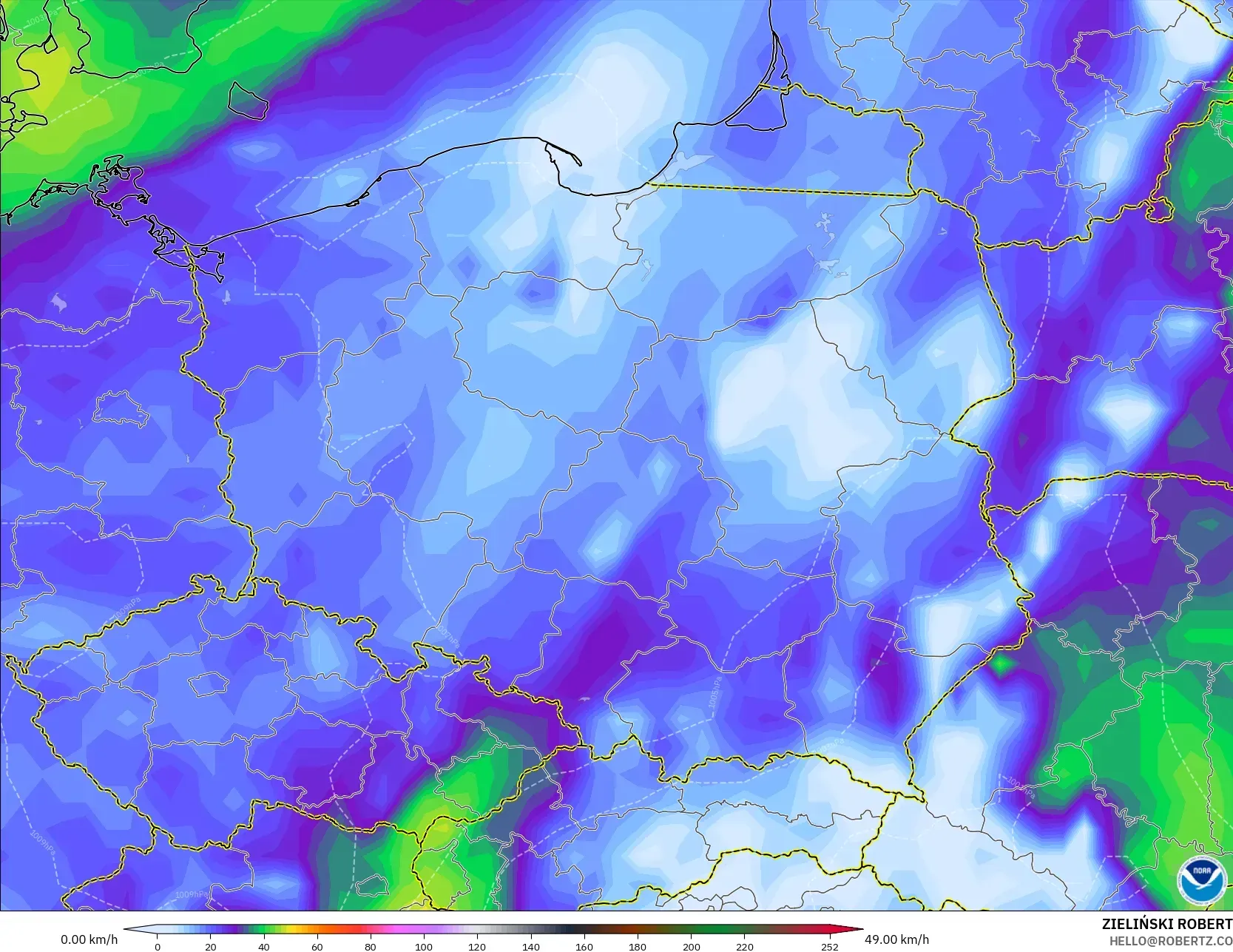 GFS model - Poland, Wind Gusts Peak