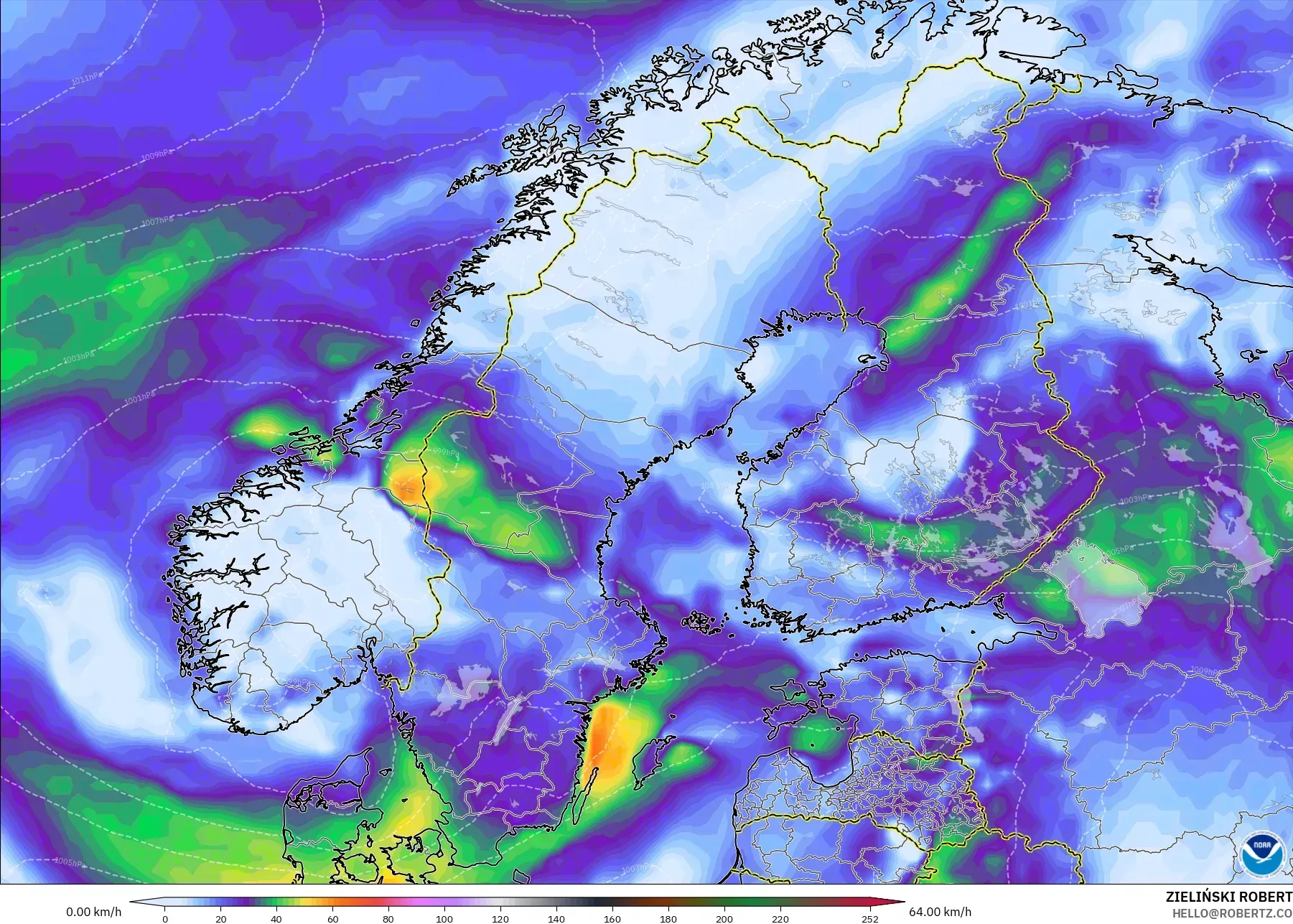 GFS model - Scandinavia, Wind Gusts Peak