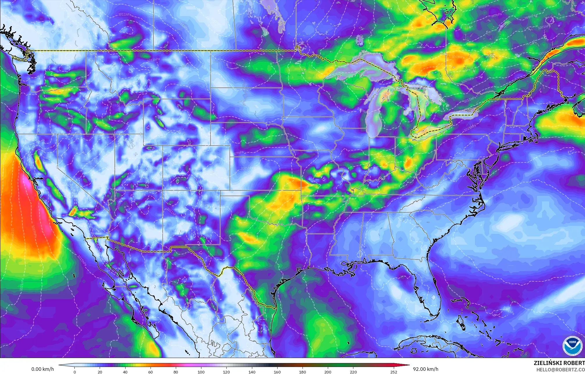 GFS model - United States, Wind Gusts Peak