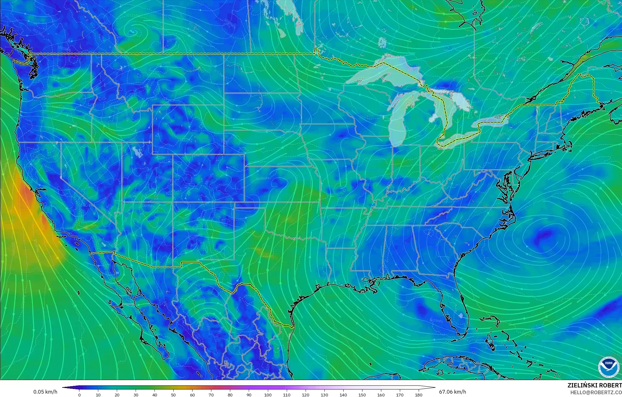 GFS model - United States, Wind at 10m