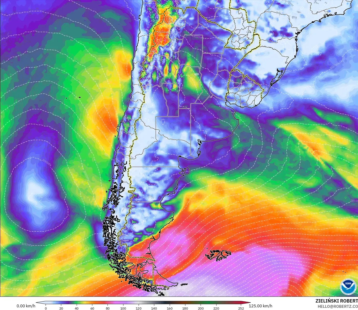 GFS model - Argentina, Wind Gusts Peak