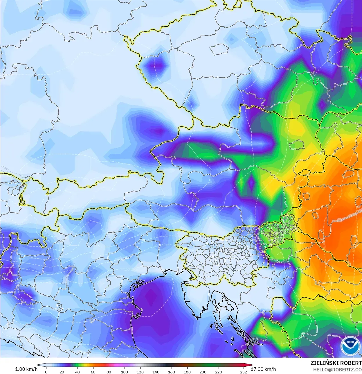 GFS model - Austria, Wind Gusts