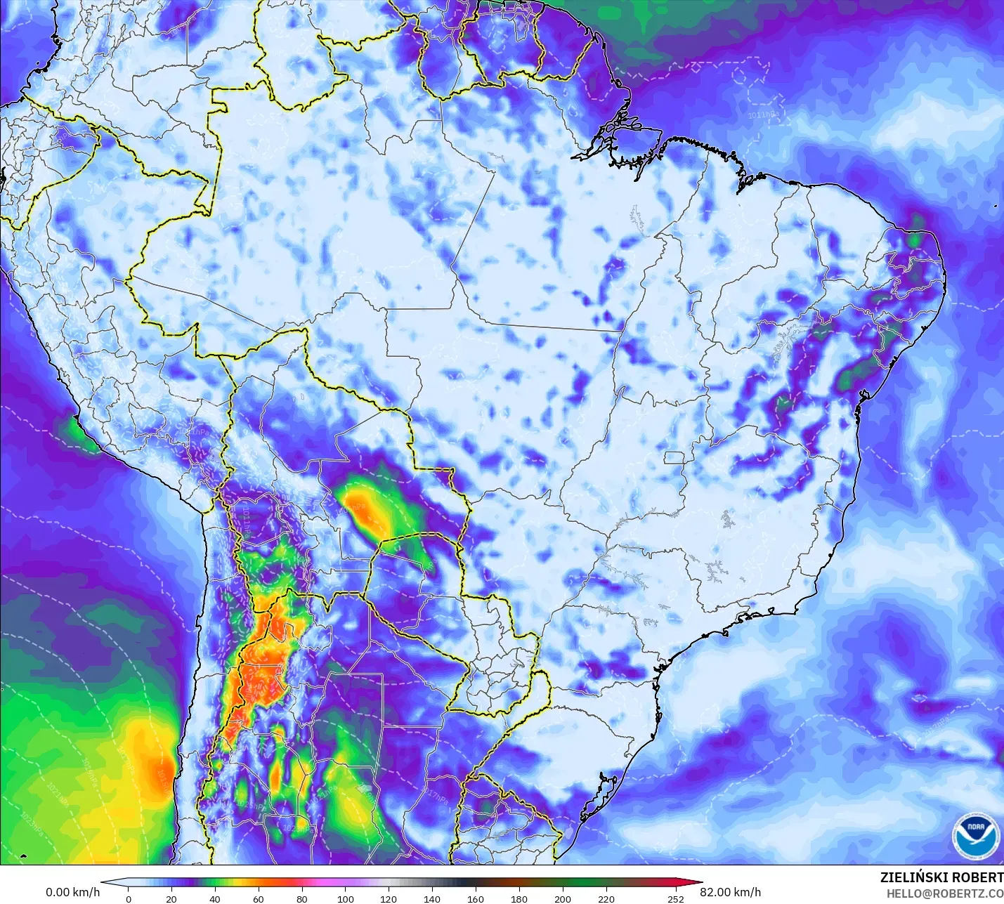 GFS model - Brazil, Wind Gusts Peak