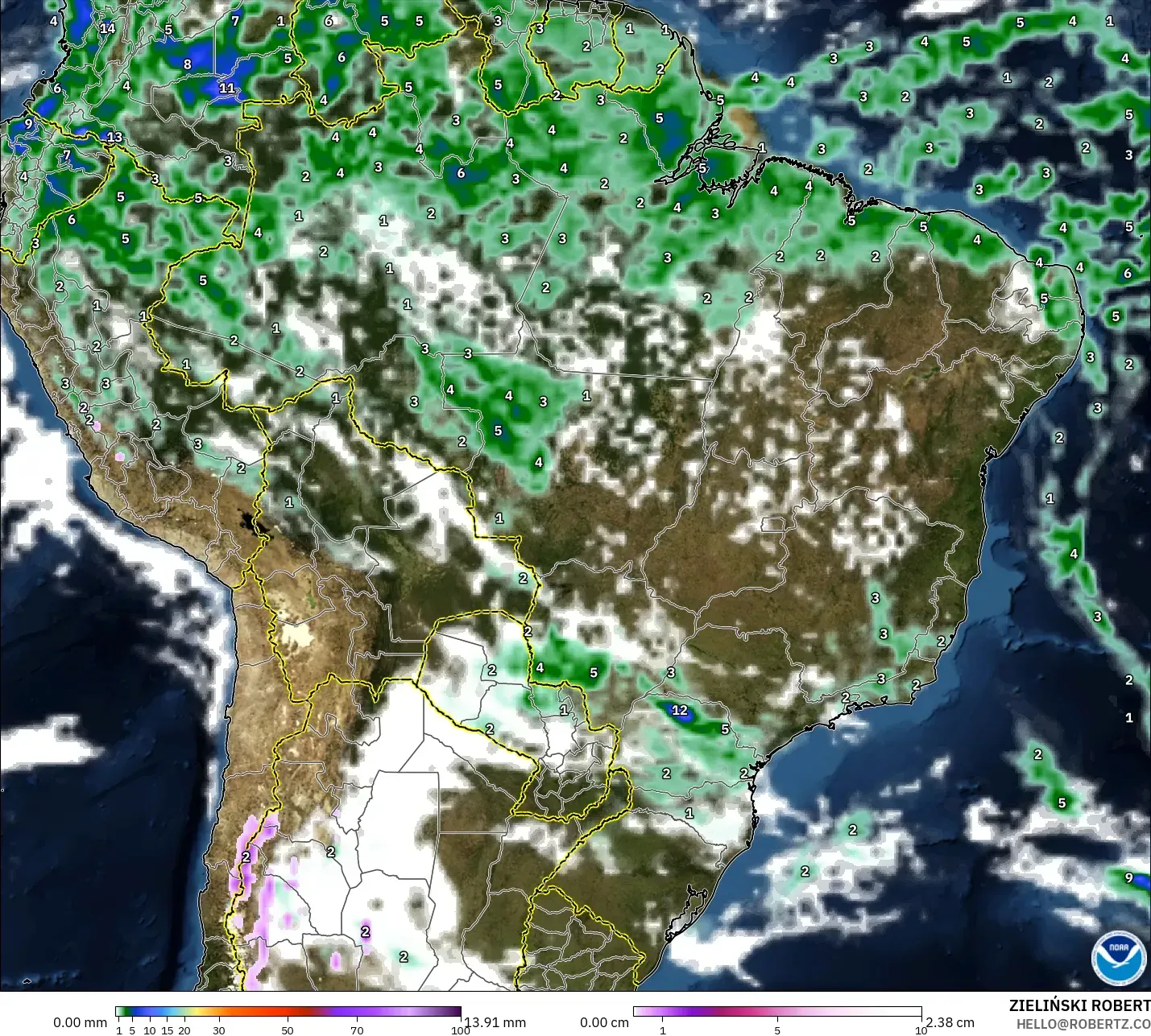 GFS model - Brazil, Precipitation, Clouds, and Pressure