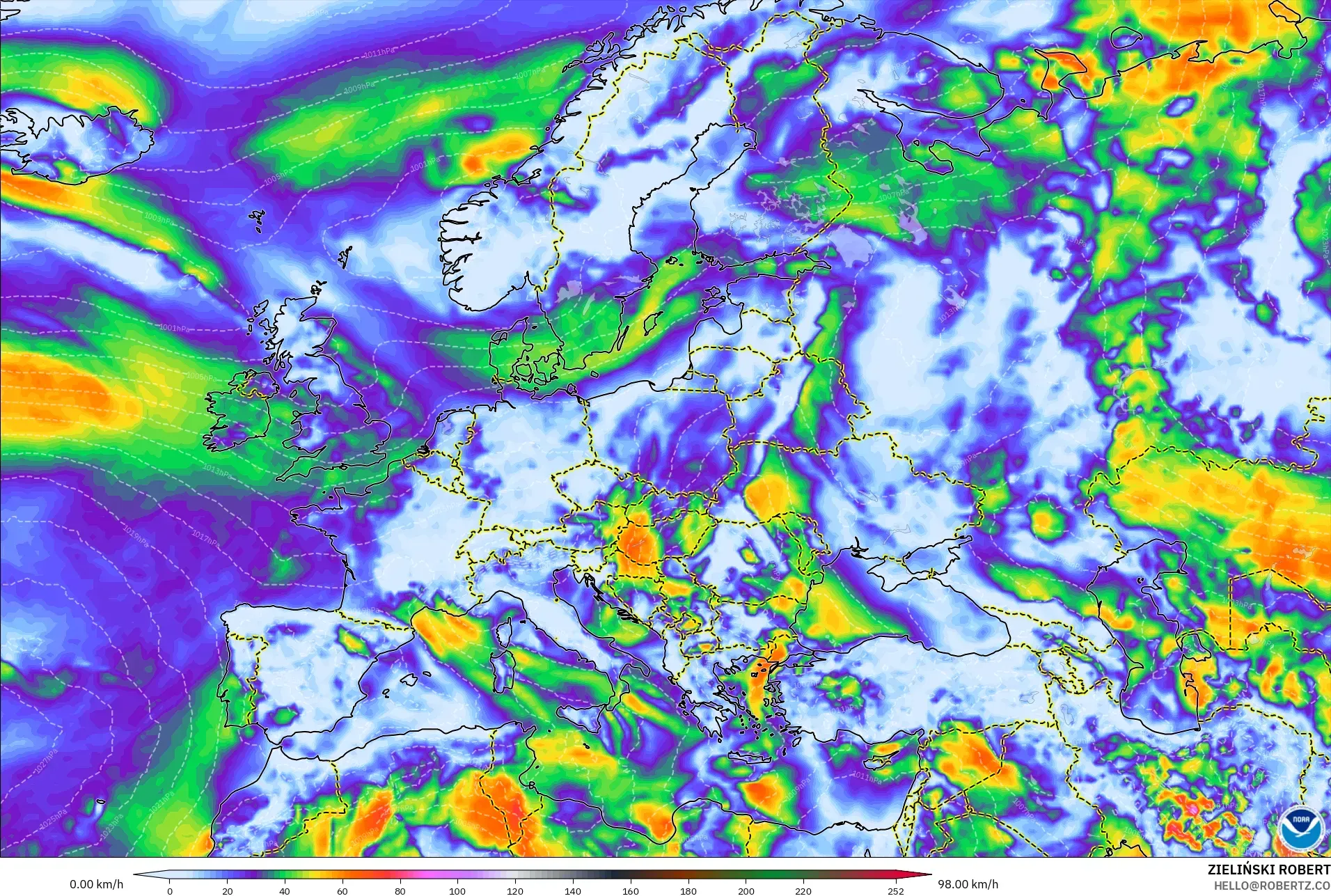 GFS model - Europe, Wind Gusts Peak