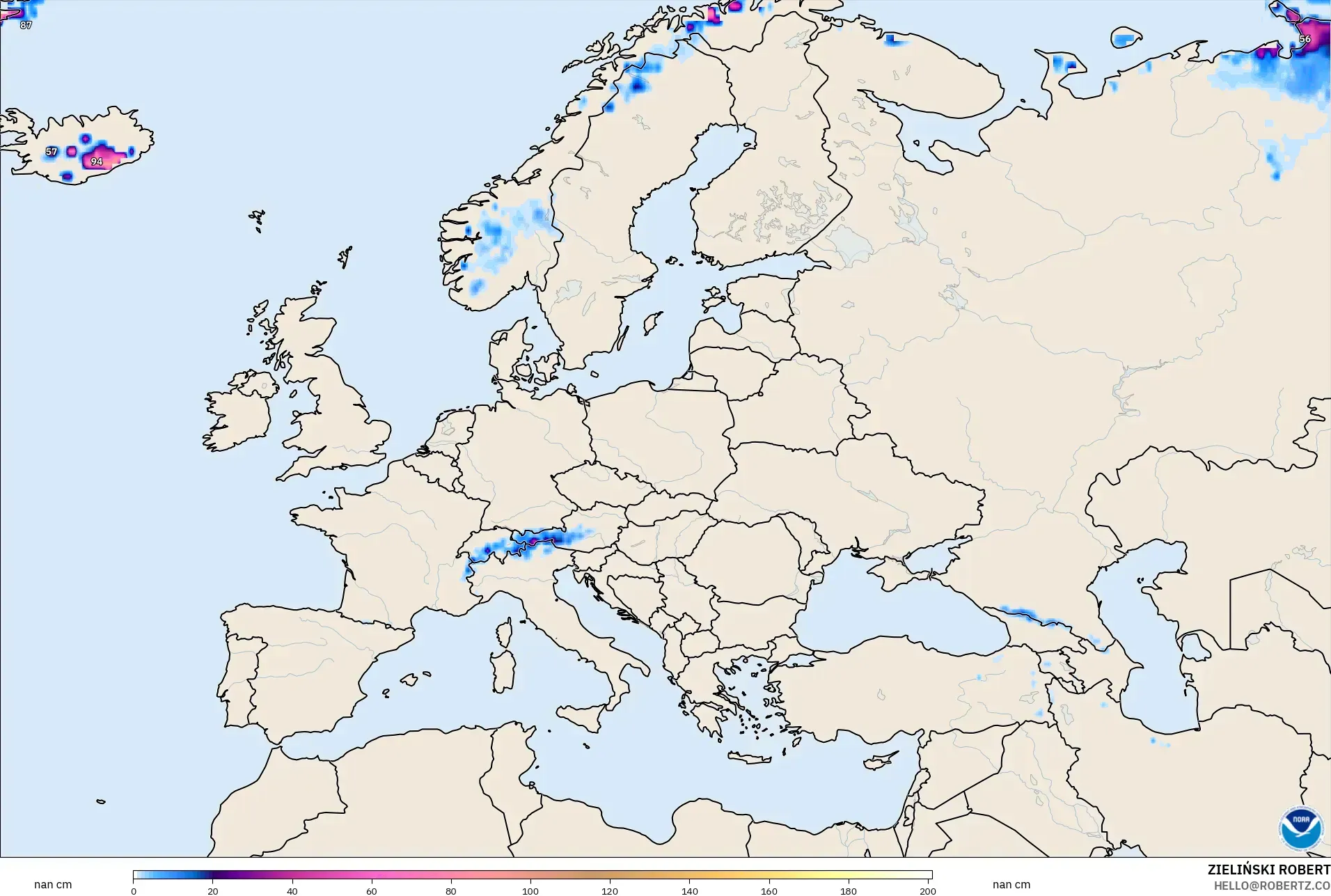 GFS model - Europe, Snow Depth