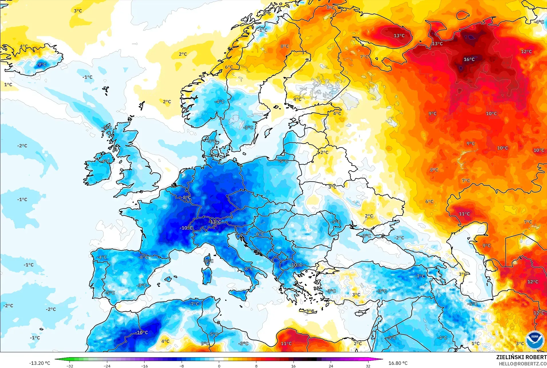 GFS model - Europe, Temperature at 2m Anomaly