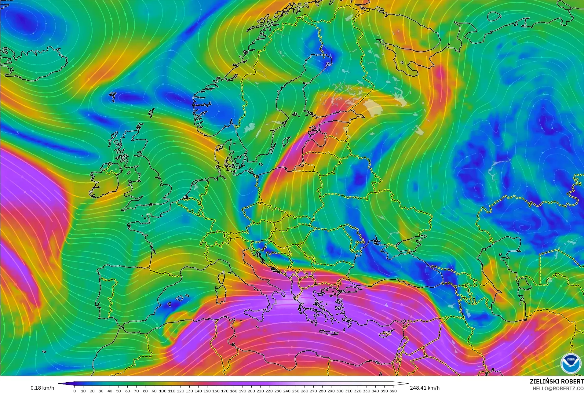 GFS model - Europe, Wind at 300hPa (jet stream)