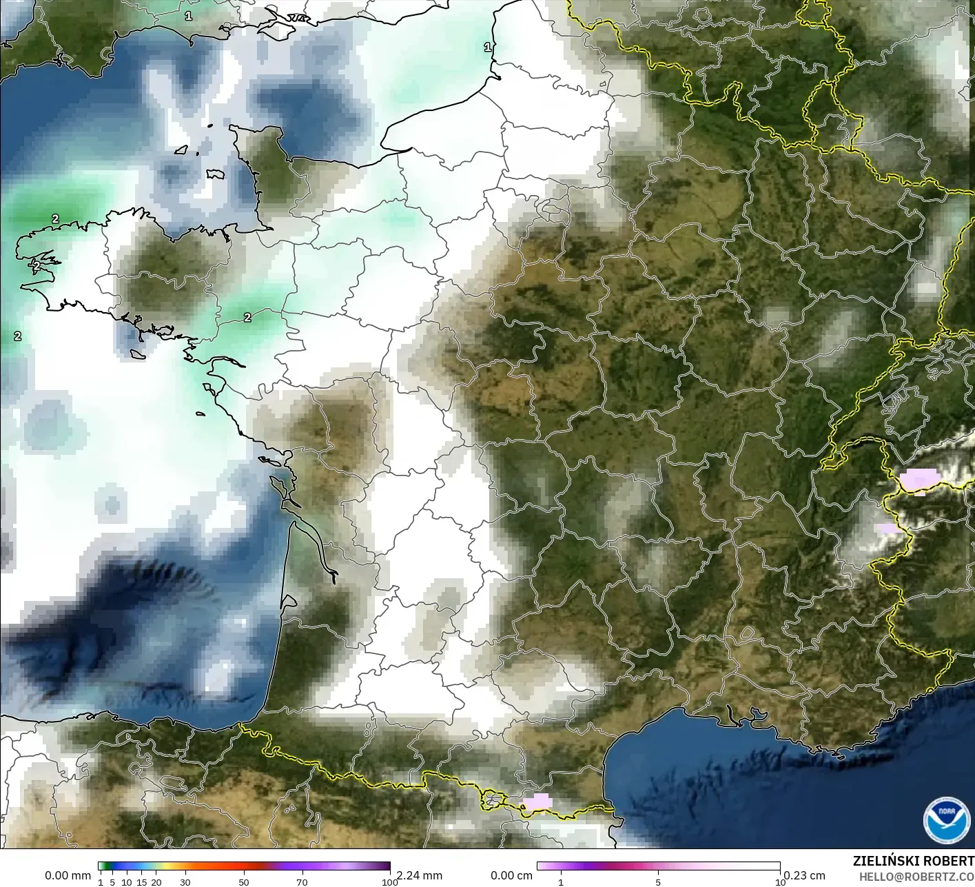 GFS model - France, Precipitation, Clouds, and Pressure
