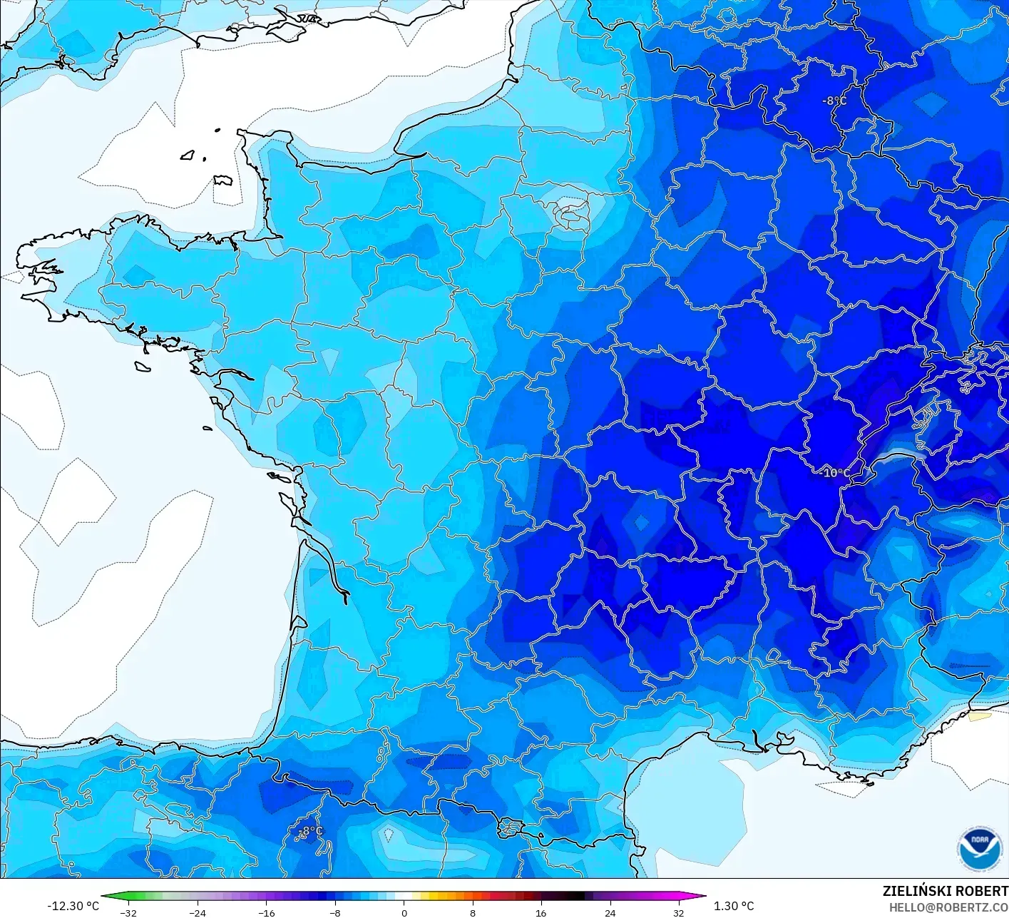 GFS model - France, Temperature at 2m Anomaly