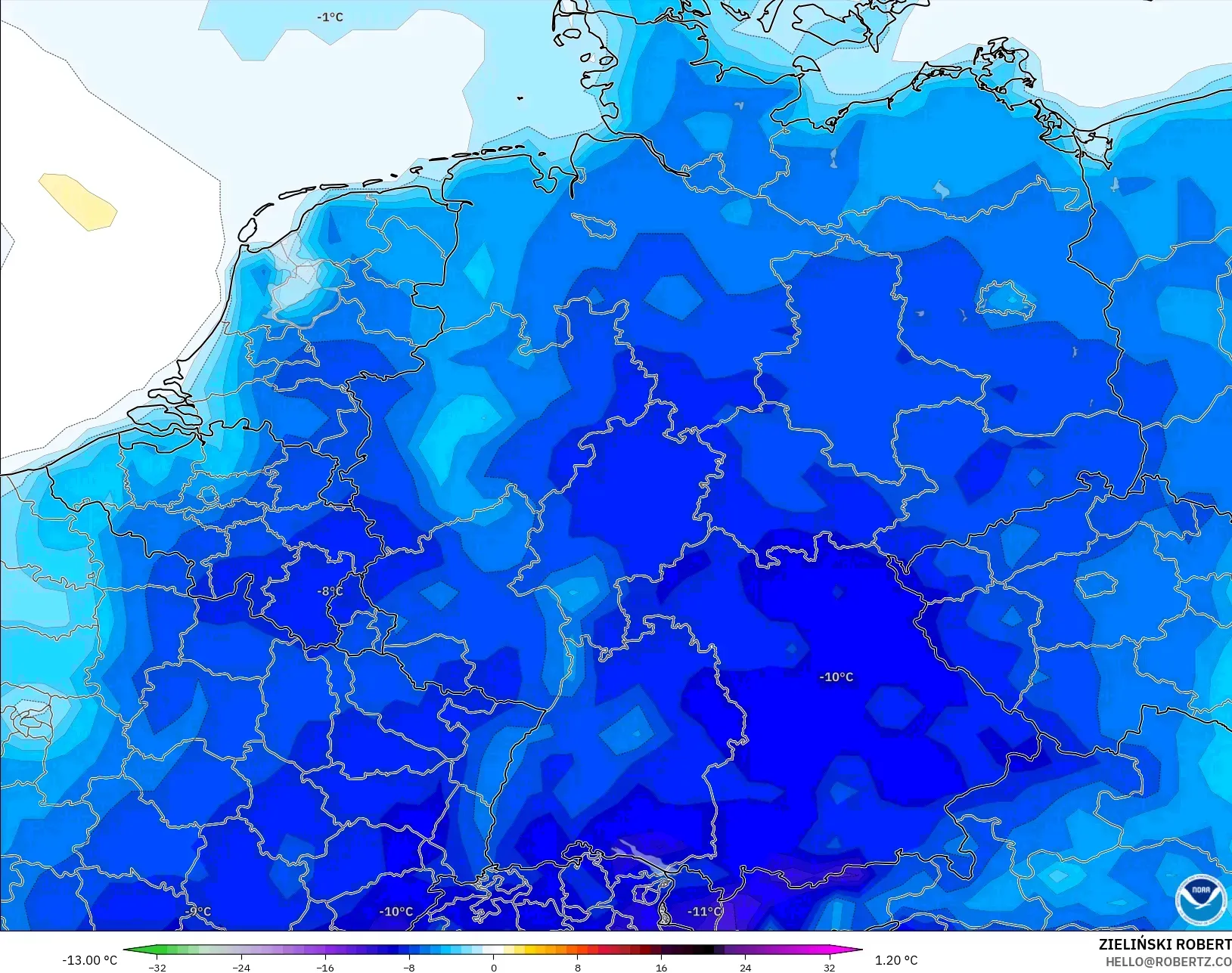 GFS model - Germany, Temperature at 2m Anomaly