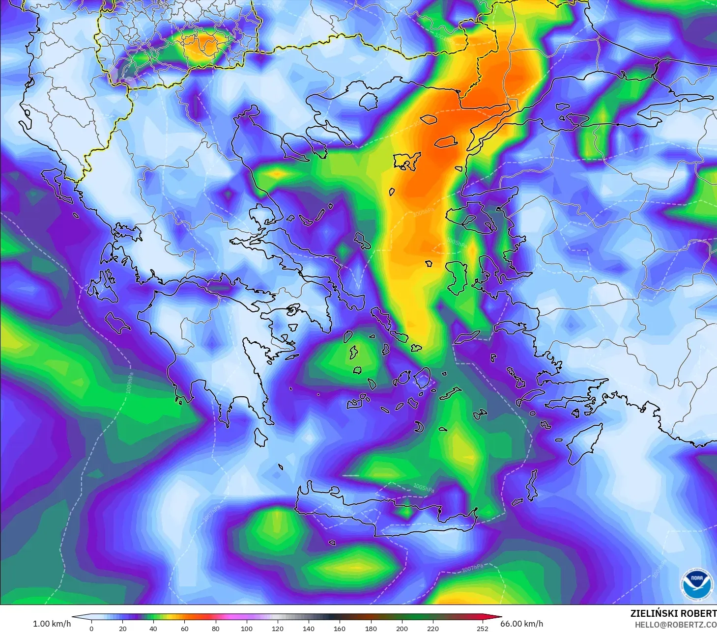 GFS model - Greece, Wind Gusts Peak