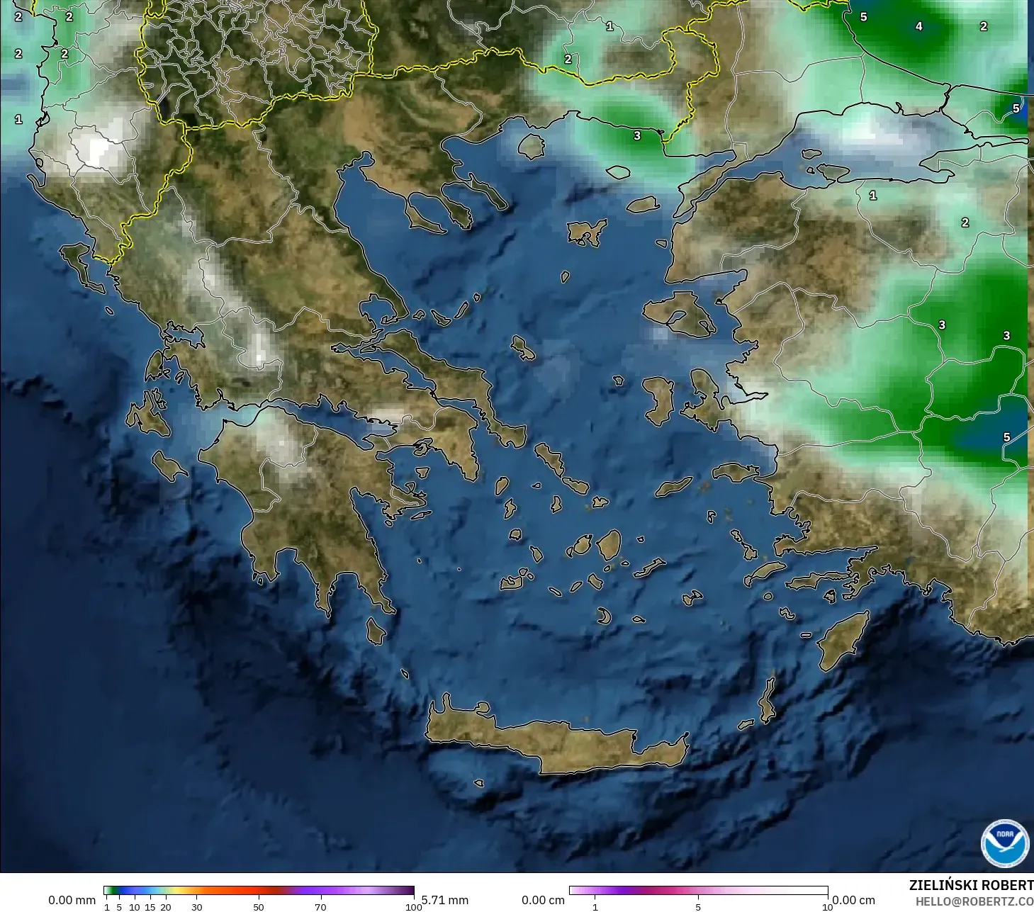 GFS model - Greece, Precipitation, Clouds, and Pressure