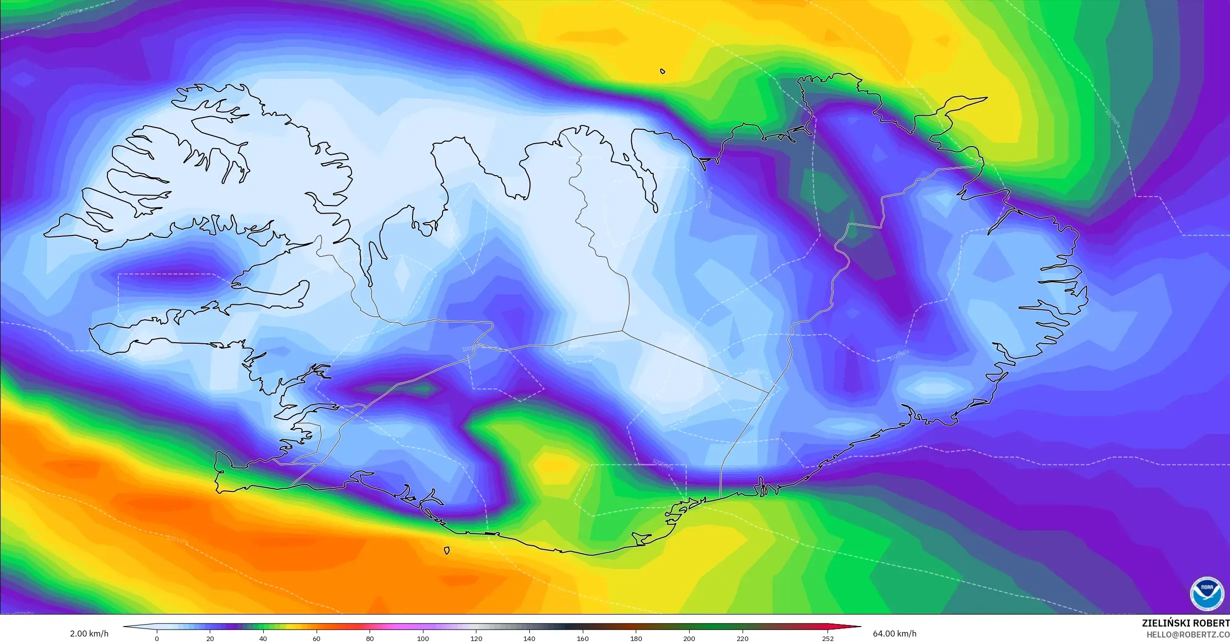 GFS model - Iceland, Wind Gusts Peak