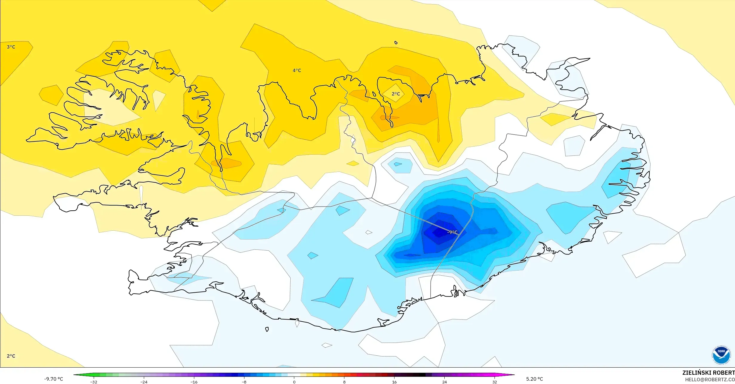 GFS model - Iceland, Temperature at 2m Anomaly