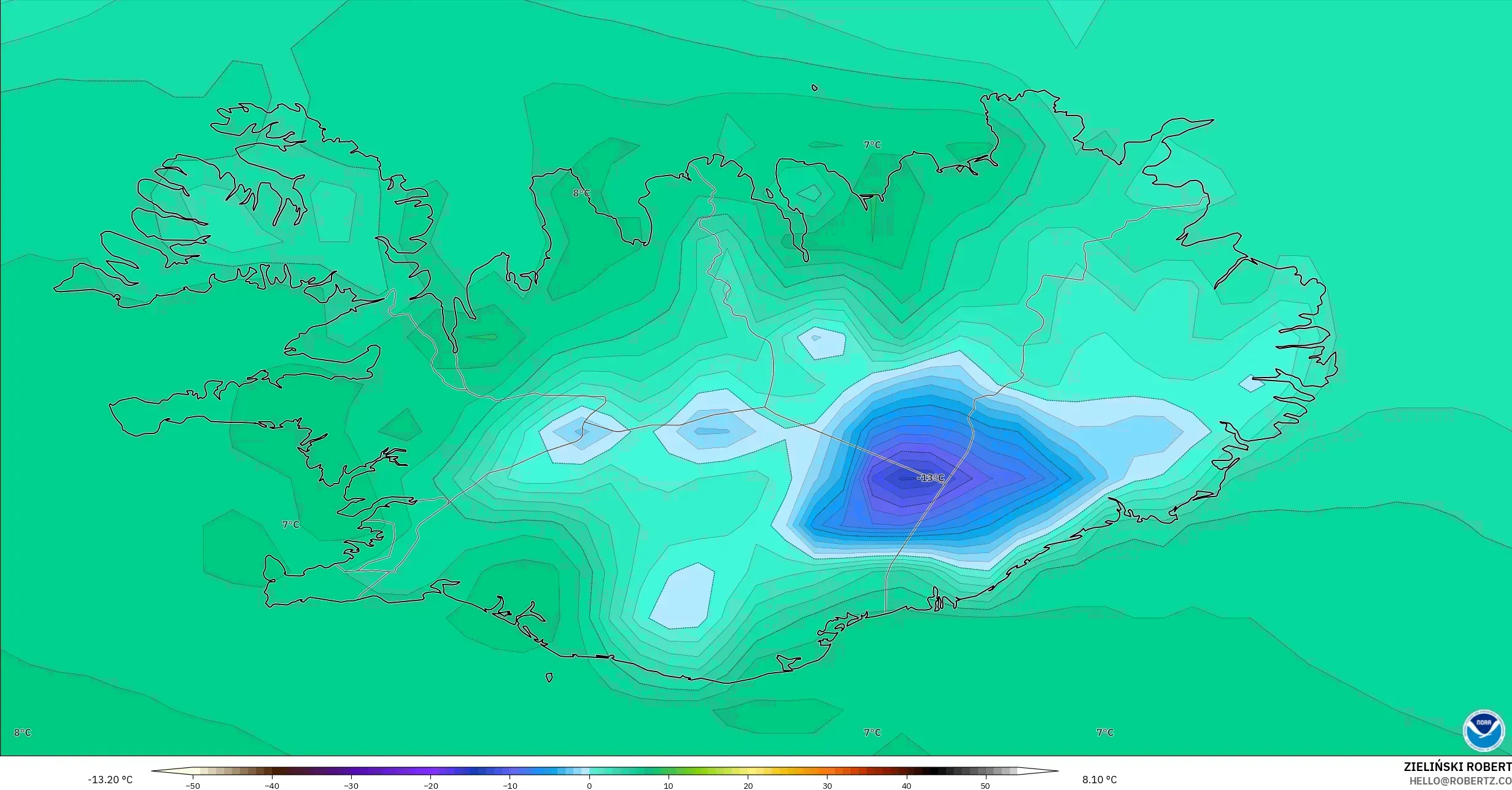 GFS model - Iceland, Temperature at 2m