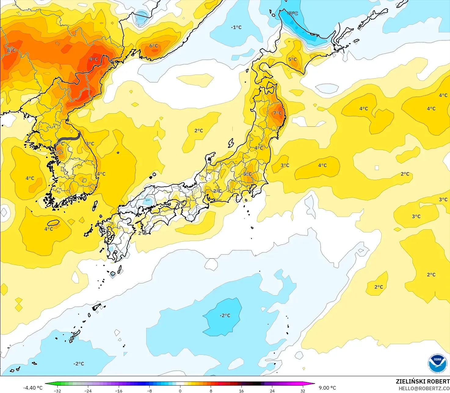 GFS model - Japan, Temperature at 2m Anomaly