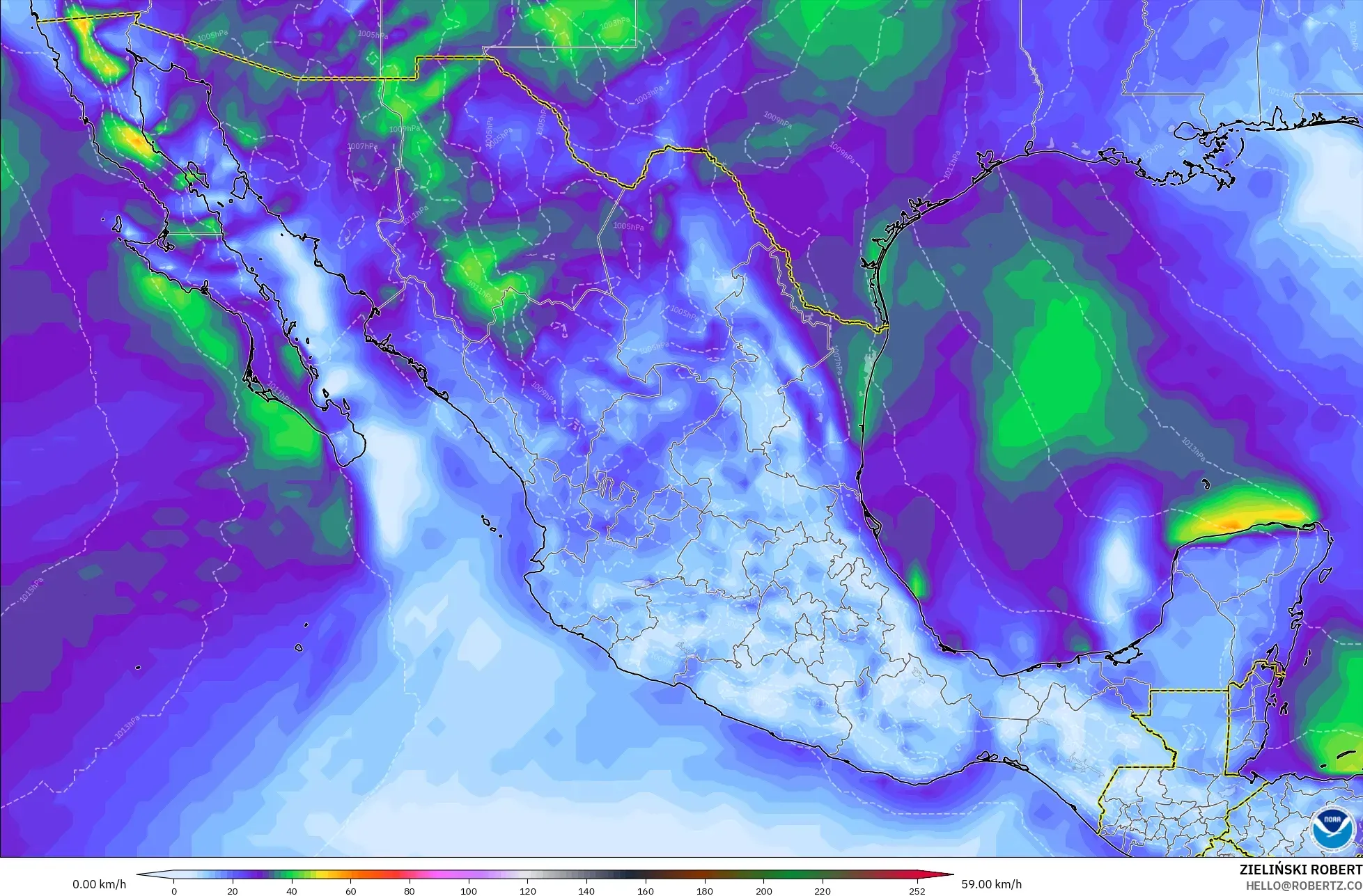 GFS model - Mexico, Wind Gusts Peak