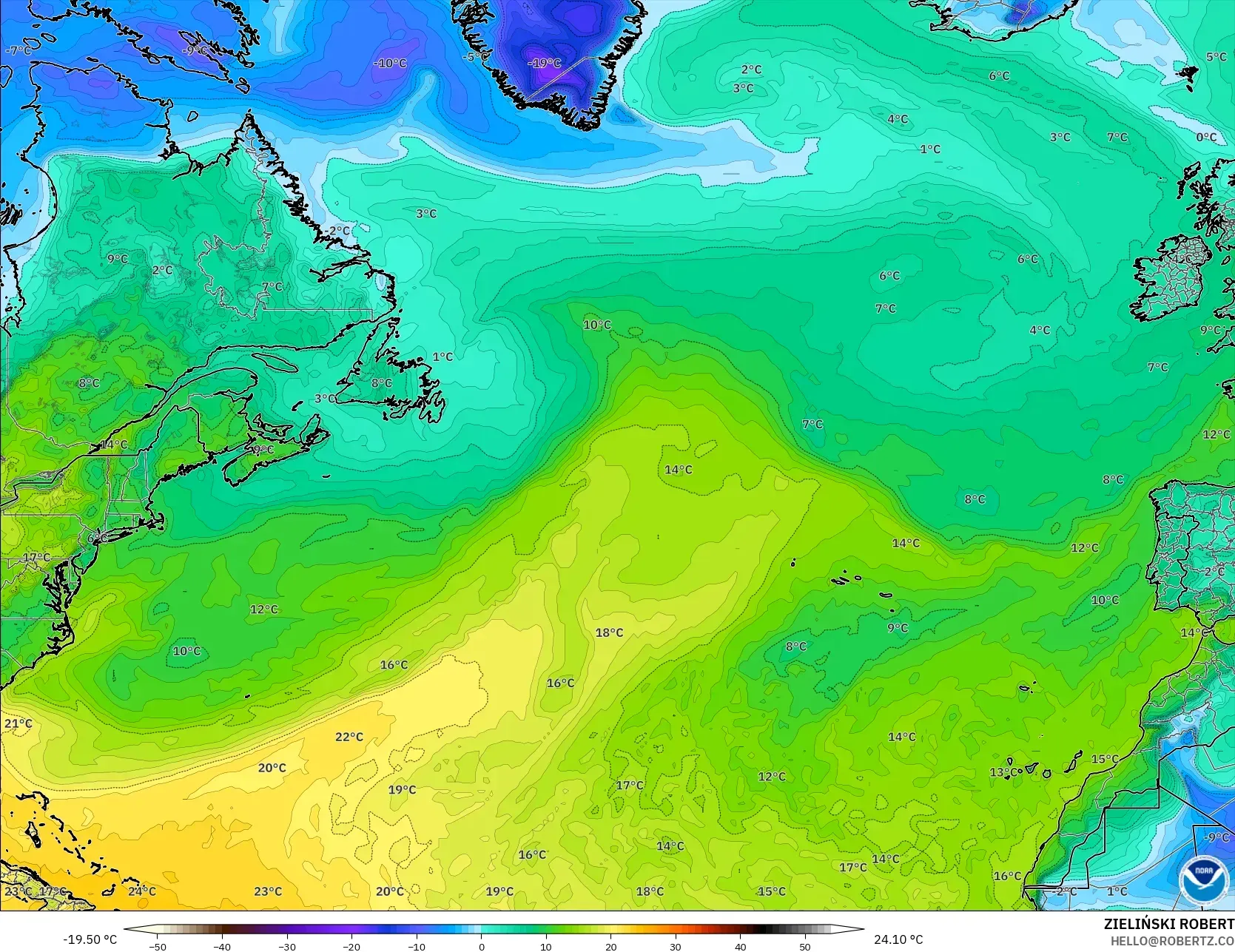 GFS model - North Atlantic, Dewpoint at 2m
