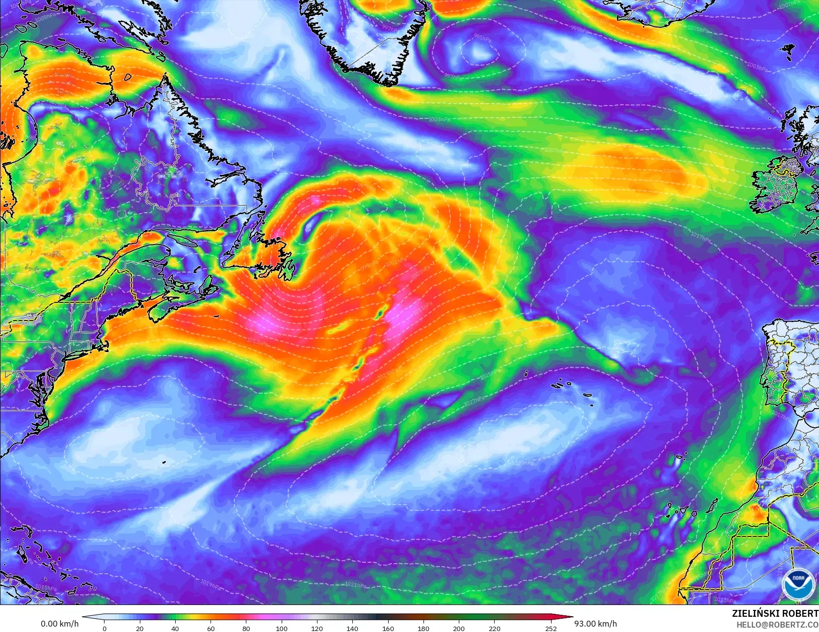 GFS model - North Atlantic, Wind Gusts
