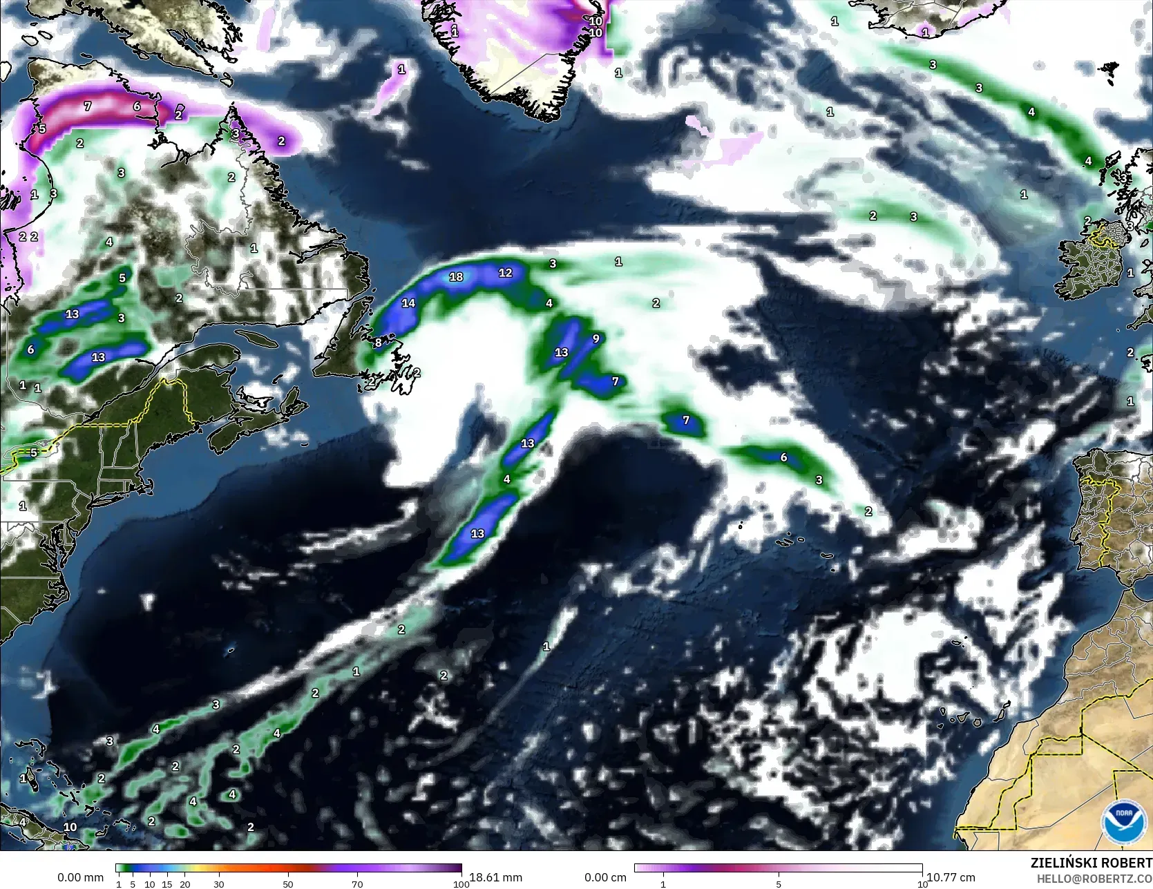 GFS model - North Atlantic, Precipitation, Clouds, and Pressure