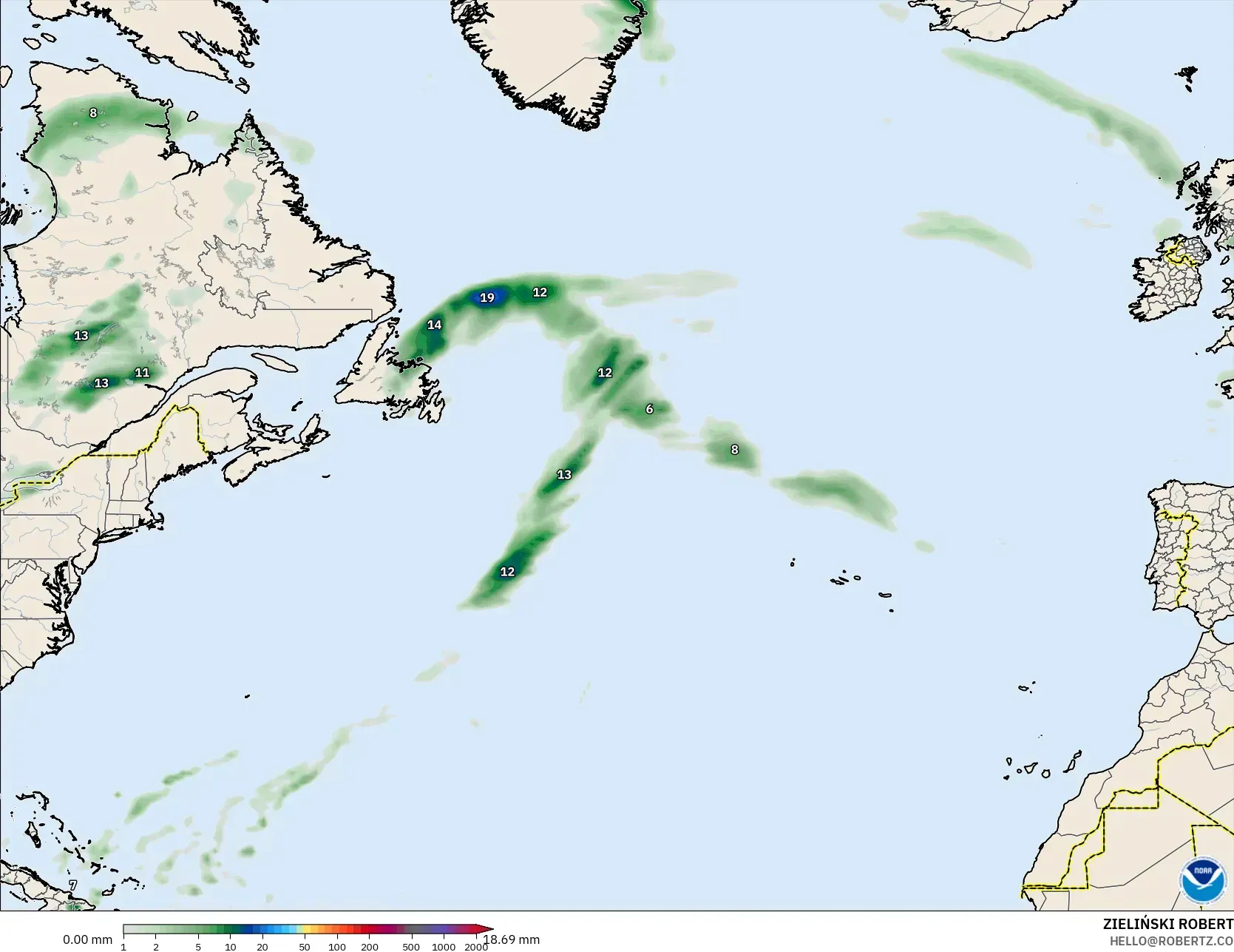 GFS model - North Atlantic, Precipitation Accumulation