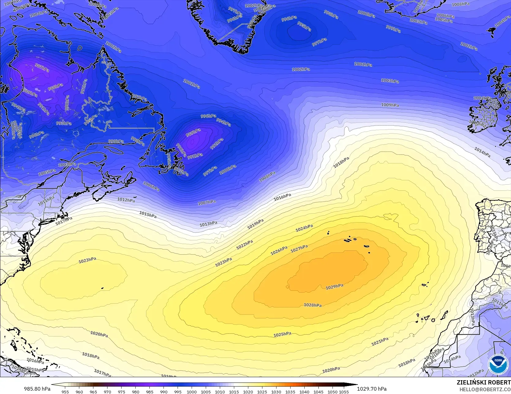GFS model - North Atlantic, Pressure