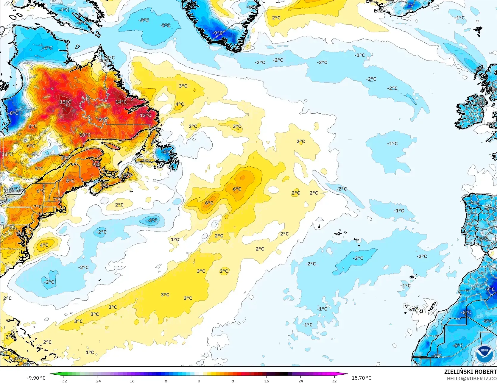 GFS model - North Atlantic, Temperature at 2m Anomaly