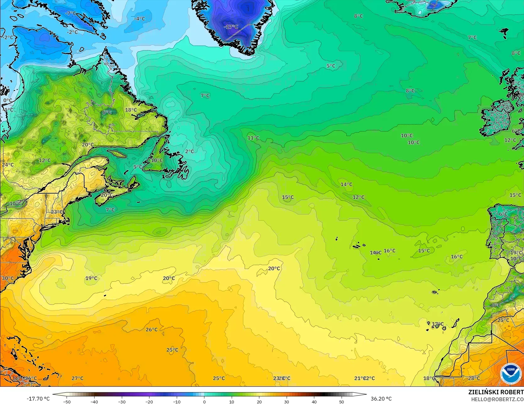 GFS model - North Atlantic, Temperature at 2m