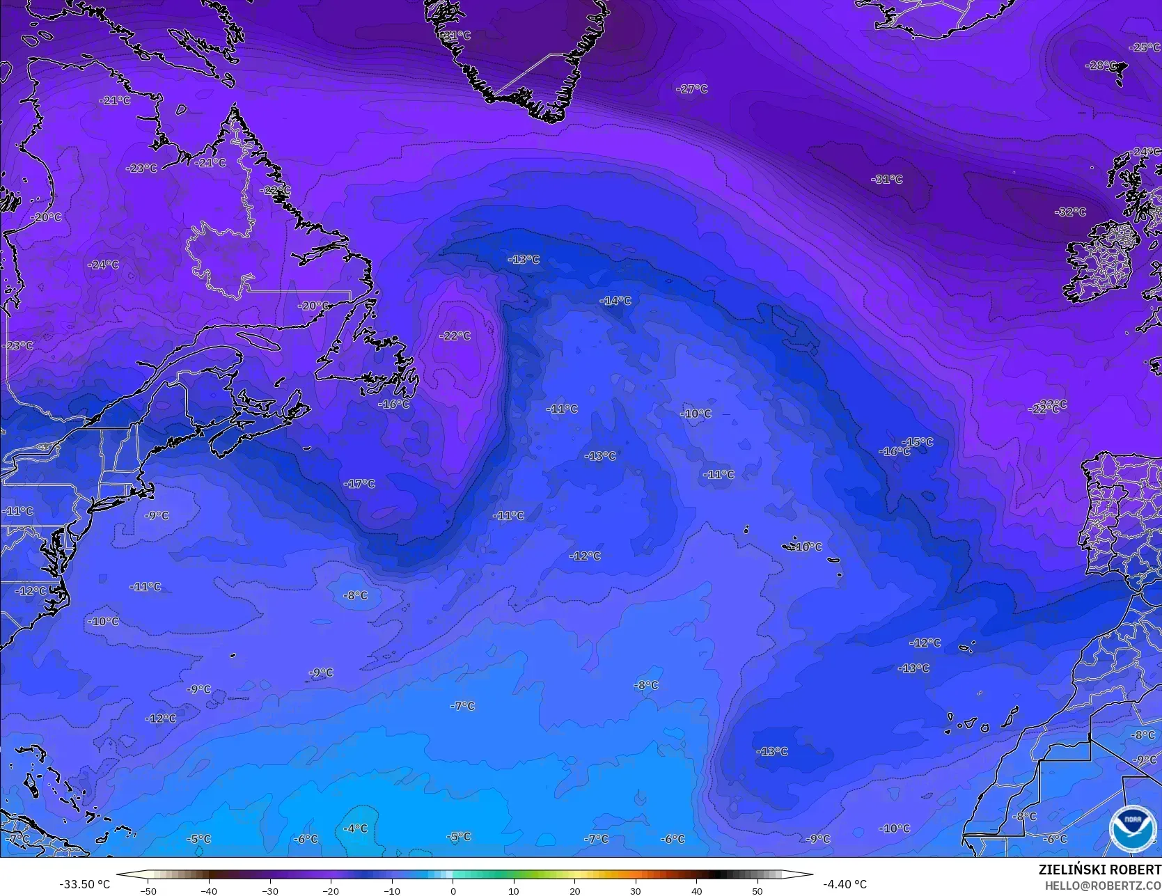 GFS model - North Atlantic, Temperature at 500hPa