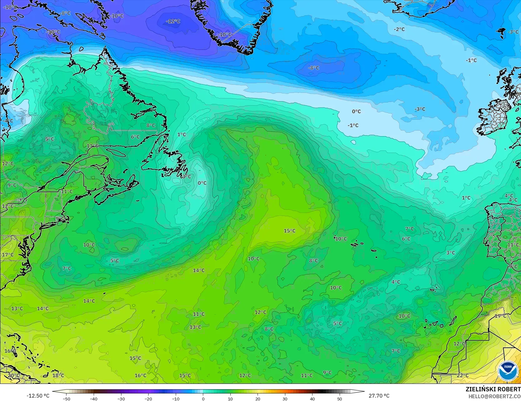 GFS model - North Atlantic, Temperature at 850hPa