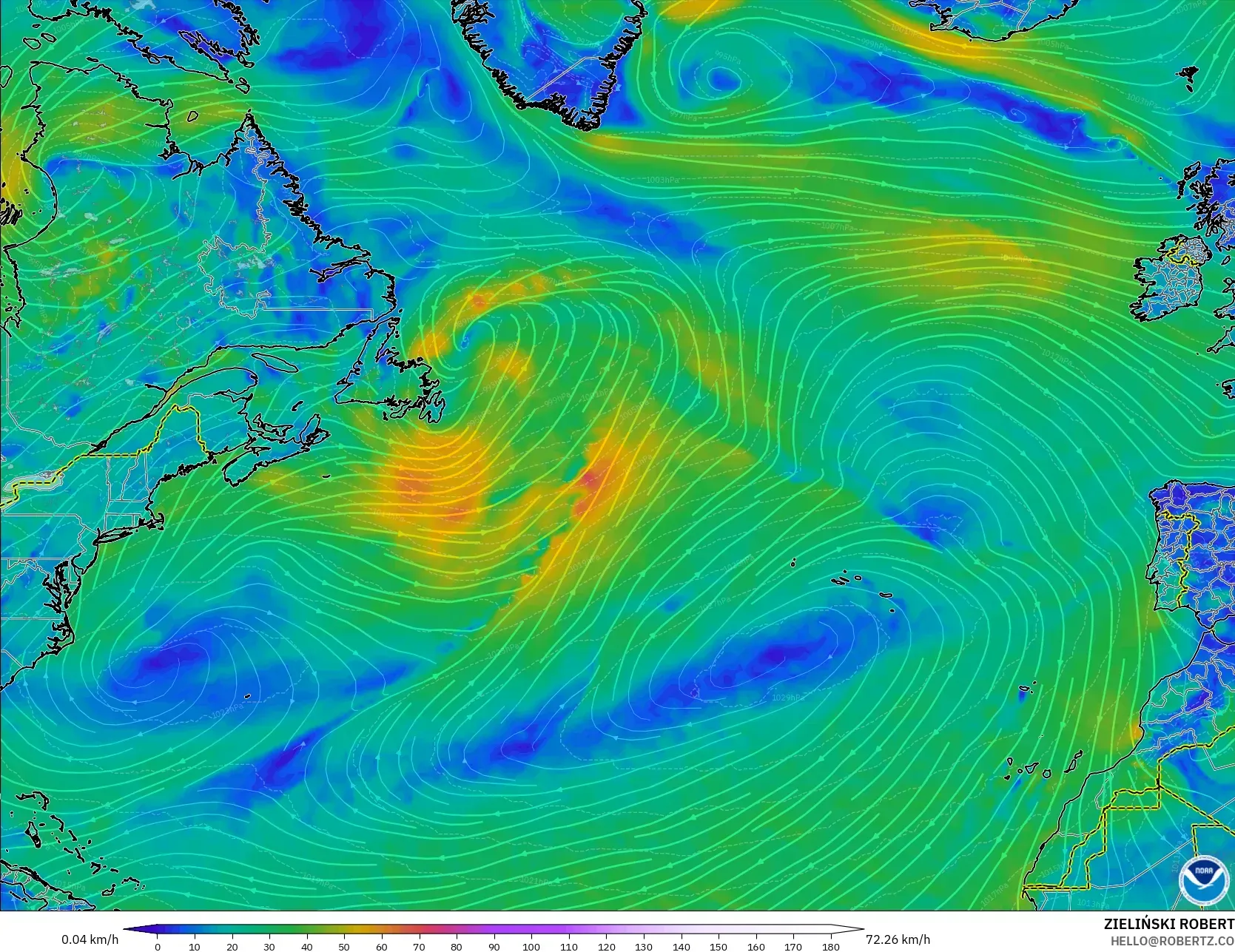 GFS model - North Atlantic, Wind at 10m