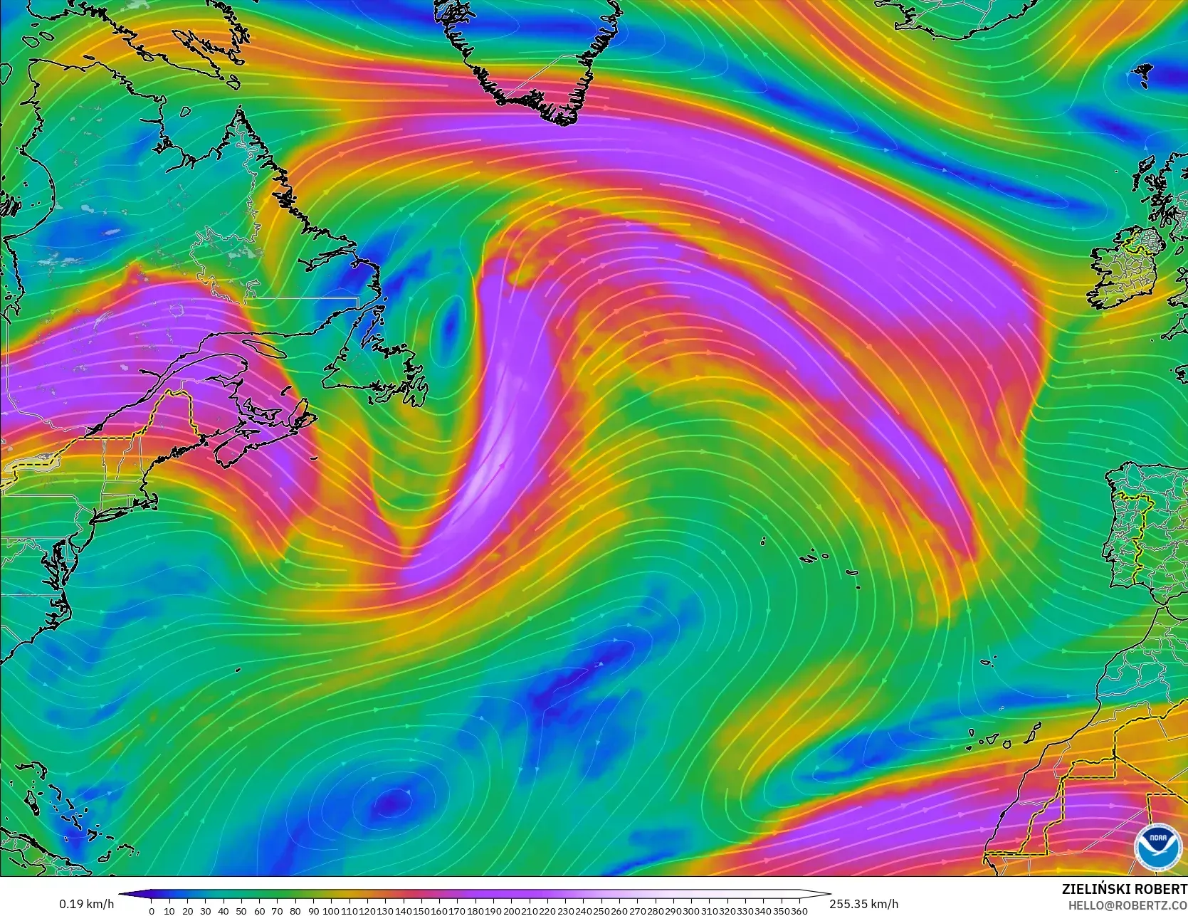 GFS model - North Atlantic, Wind at 300hPa (jet stream)