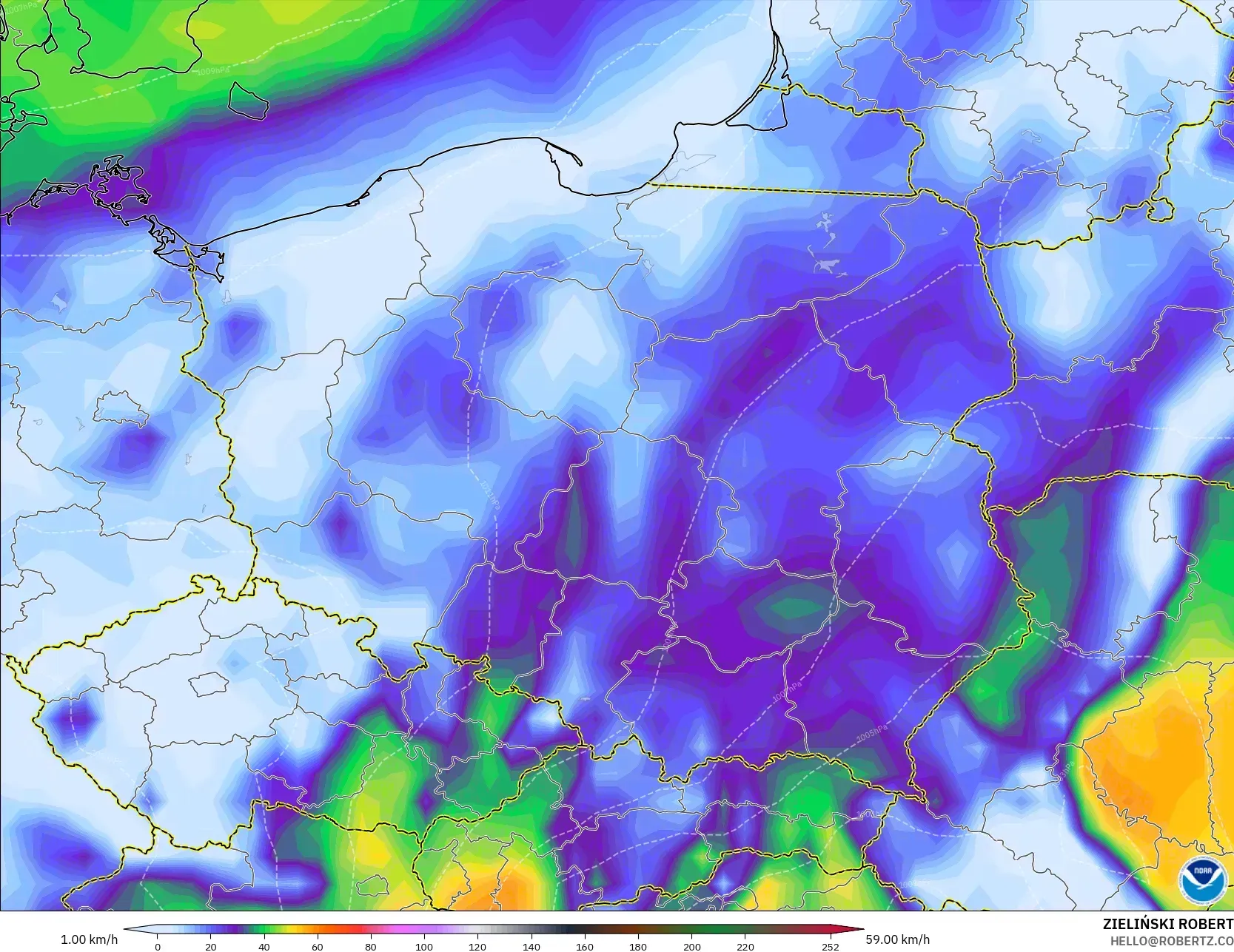 GFS model - Poland, Wind Gusts Peak