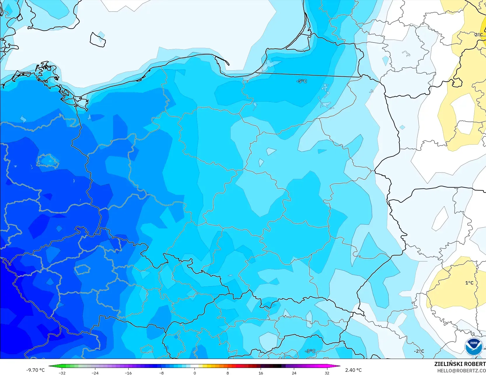 GFS model - Poland, Temperature at 2m Anomaly
