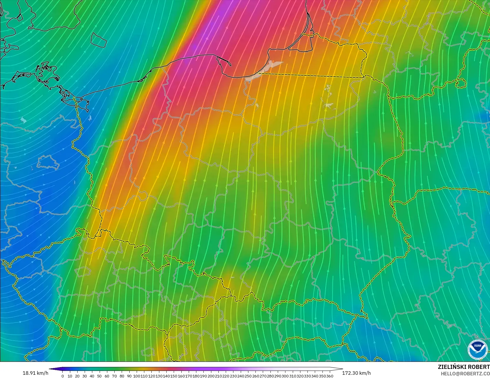 GFS model - Poland, Wind at 300hPa (jet stream)