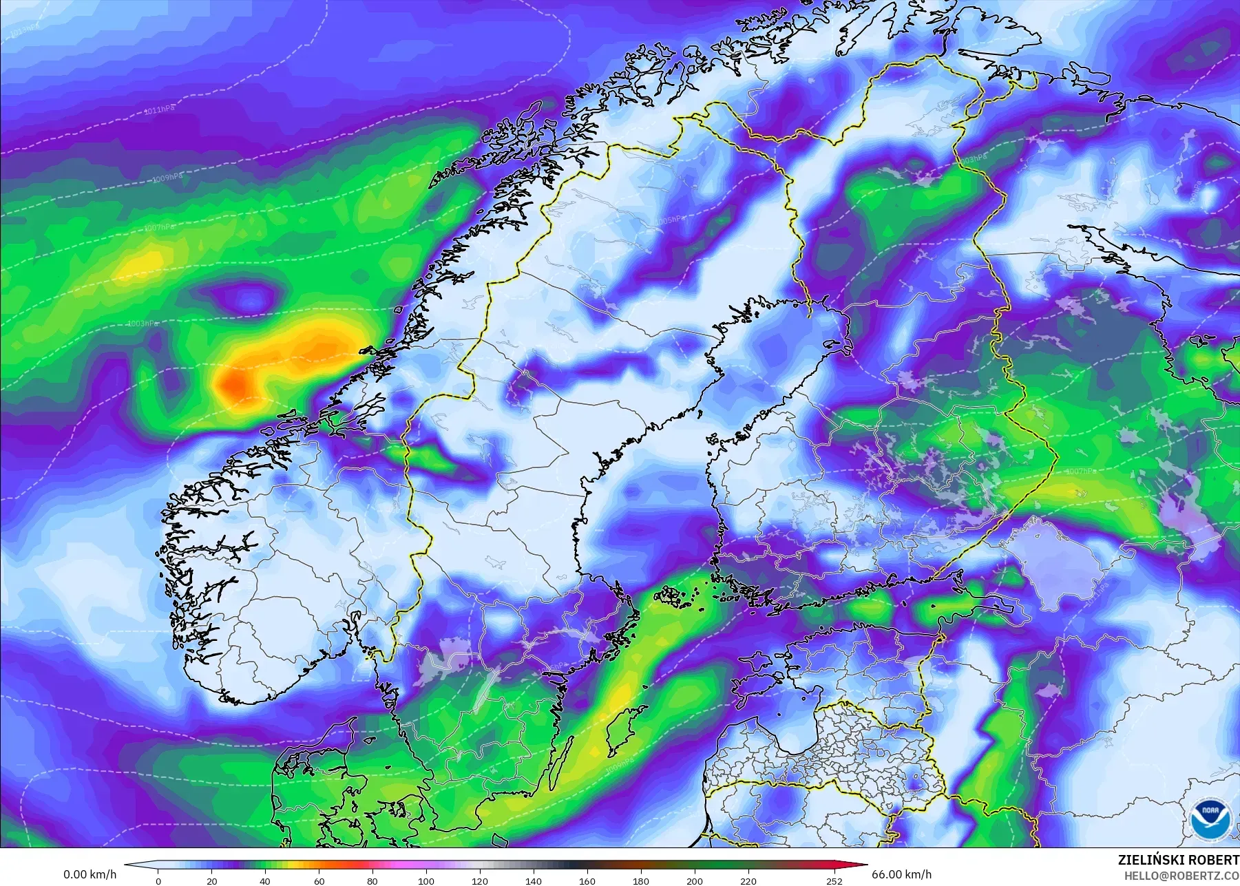 GFS model - Scandinavia, Wind Gusts Peak