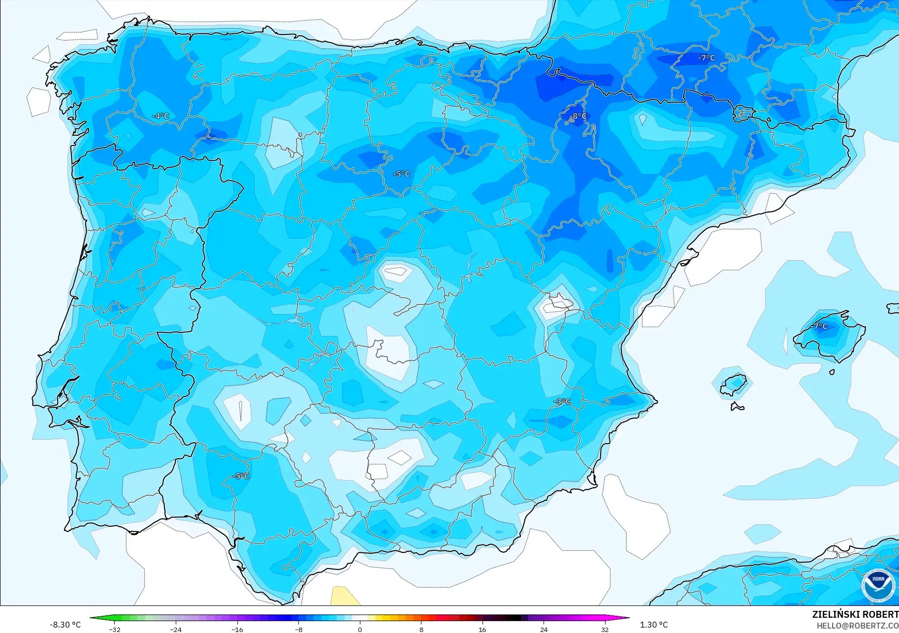 GFS model - Spain, Temperature at 2m Anomaly