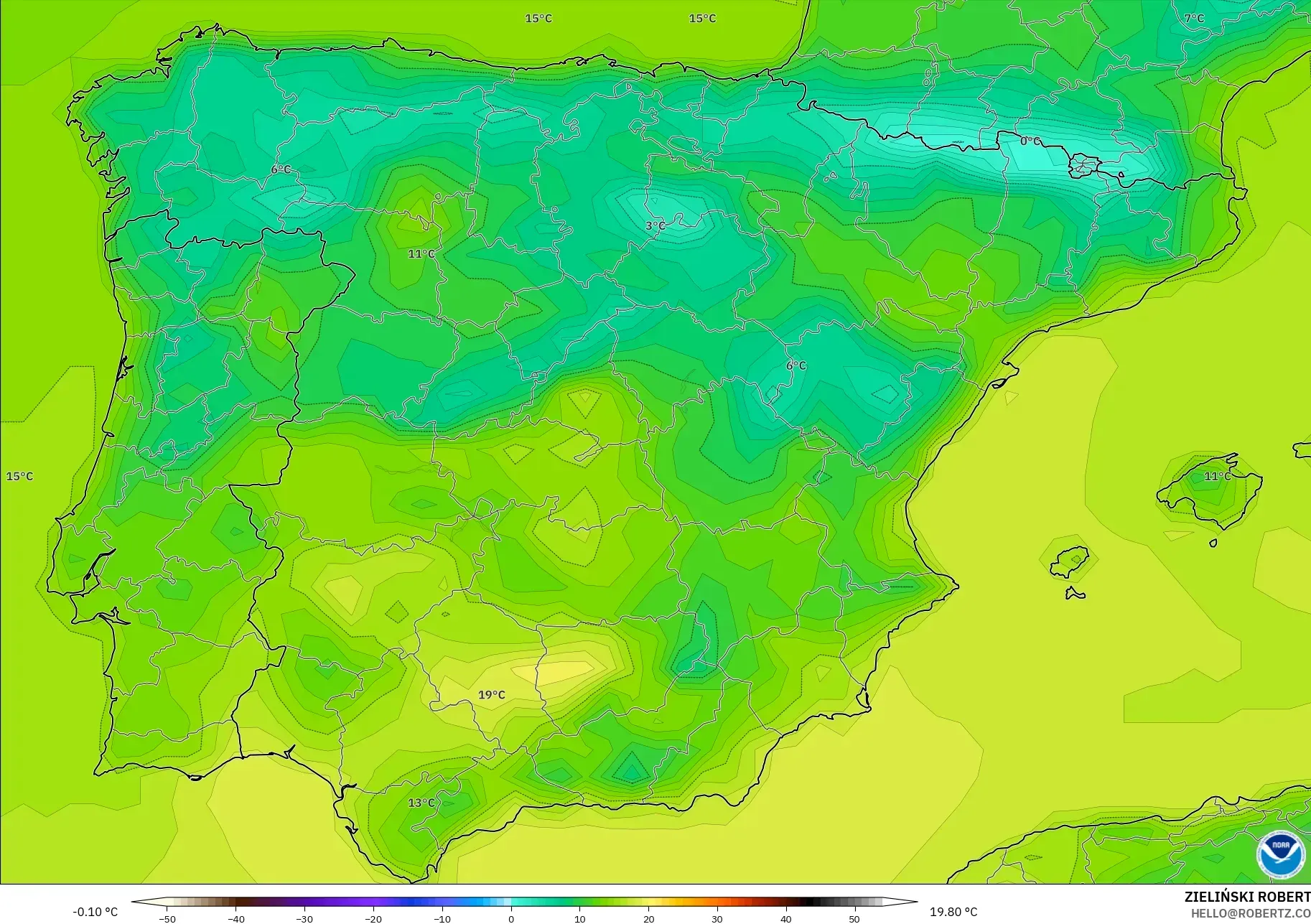 GFS model - Spain, Temperature at 2m