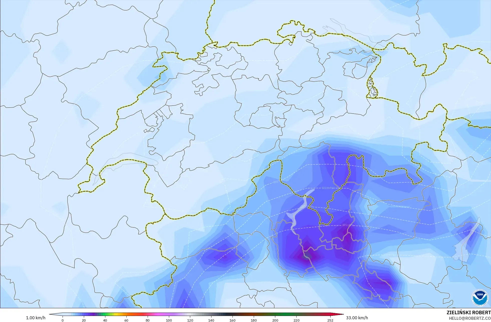 GFS model - Switzerland, Wind Gusts Peak
