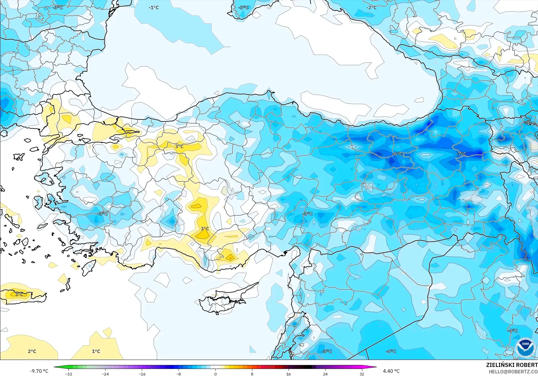 GFS model - Turkey, Temperature at 2m Anomaly