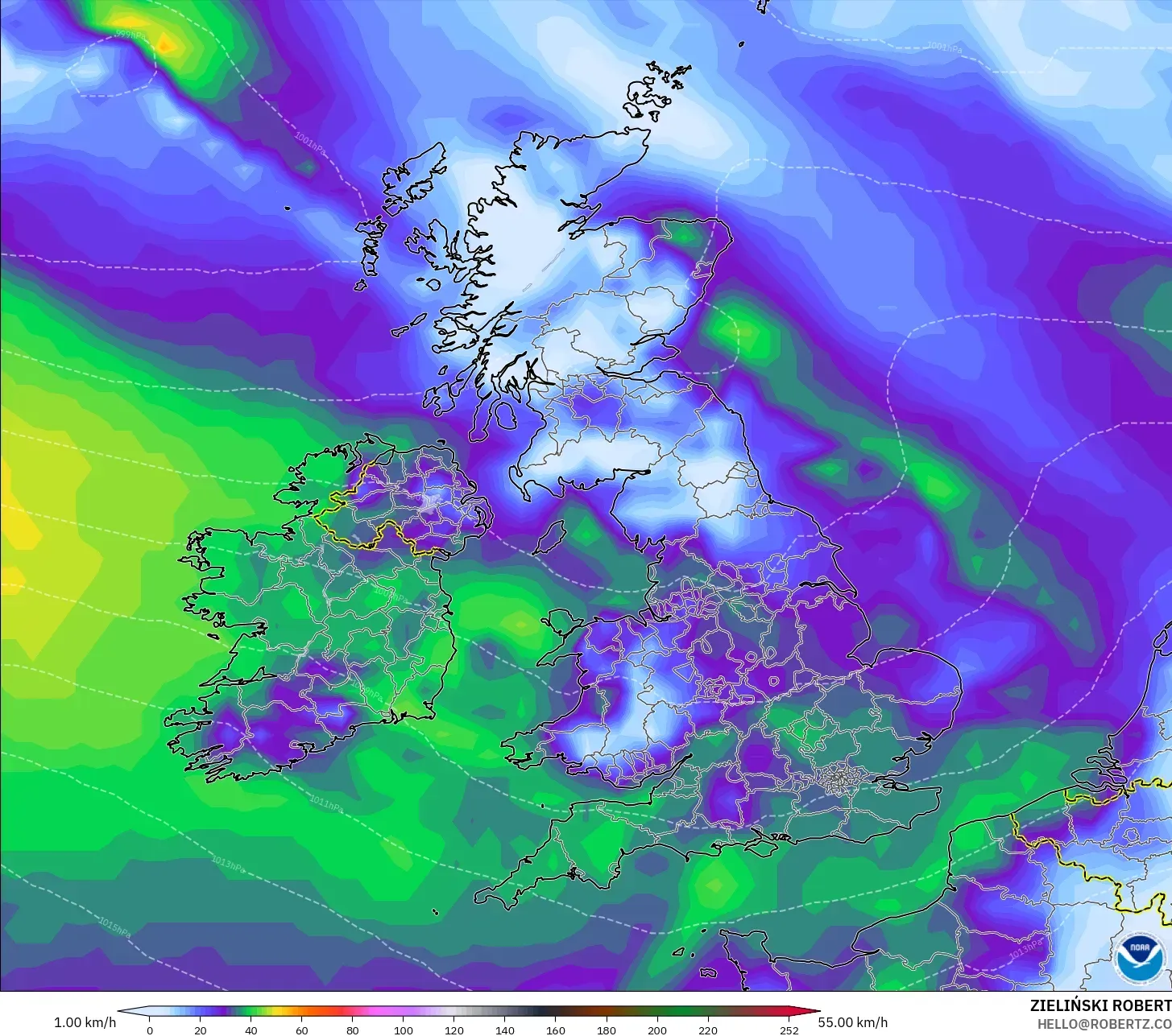 GFS model - United Kingdom, Wind Gusts