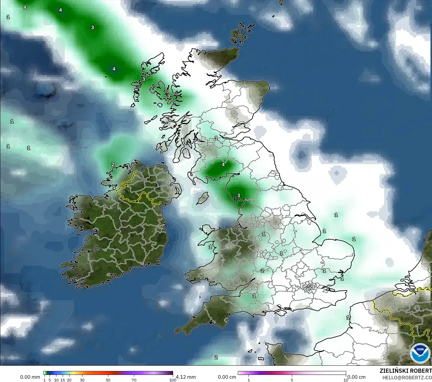 GFS model - United Kingdom, Precipitation, Clouds, and Pressure
