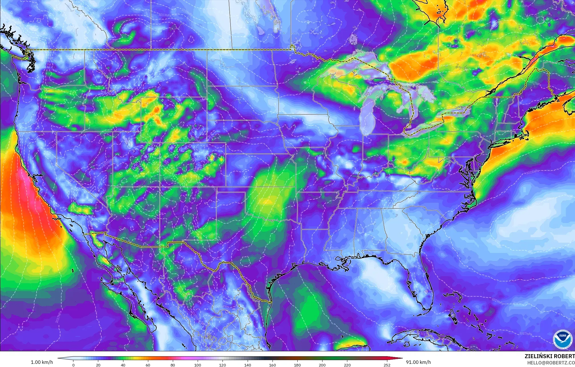 GFS model - United States, Wind Gusts Peak